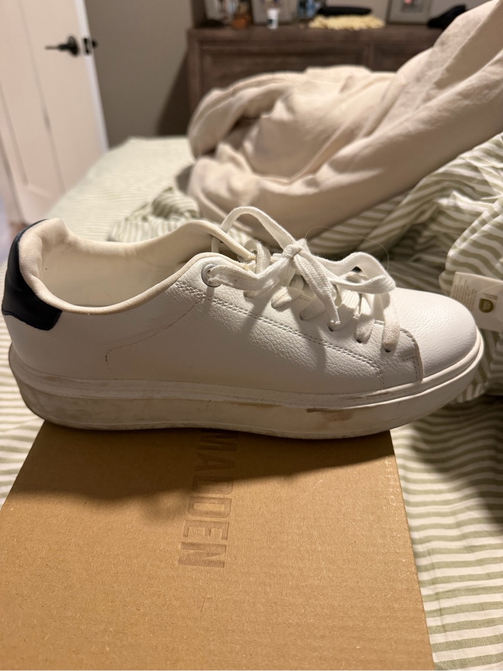 Steve Madden White Leather Sneakers with Black Heel Tab